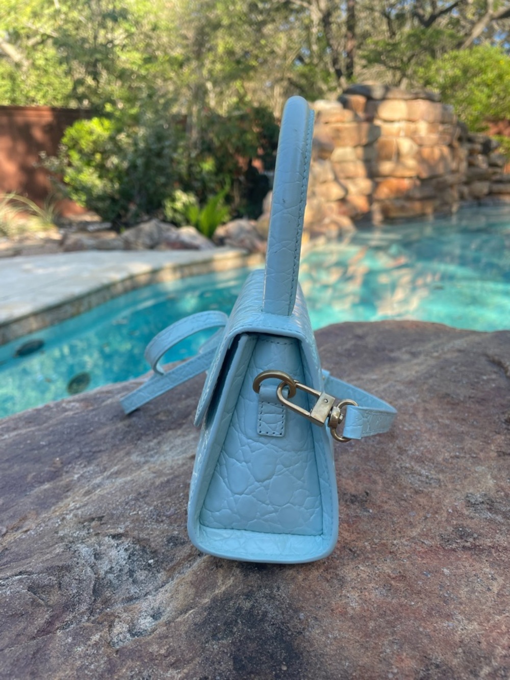 BY FAR Light Blue Croc-Embossed Mini Top-Handle Bag with Crossbody Strap (CdlG) - Picture 2 of 12